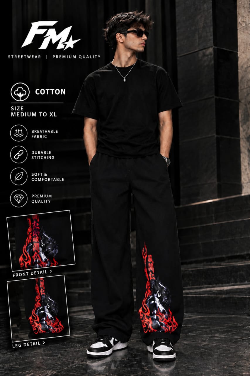 Black Jin Kazama Flame Cotton Baggy Trouser